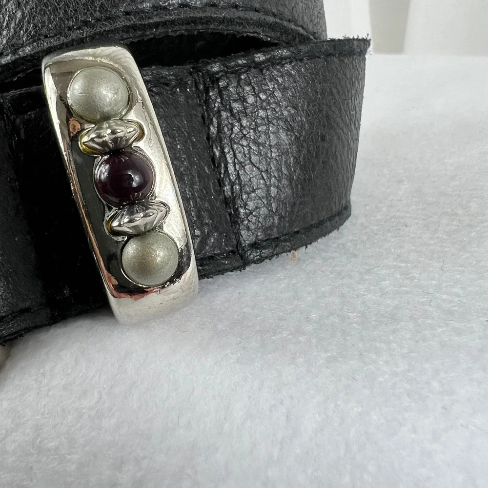 Womens Black Leather Belt size Small Gemstone Buckle Made in USA Boho fstival - Picture 4 of 7